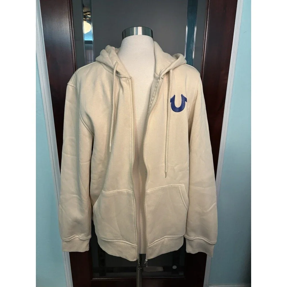 New True Religion Overlap Buddha Zip Hoodie Fog/Beige Color Size L Retail $119